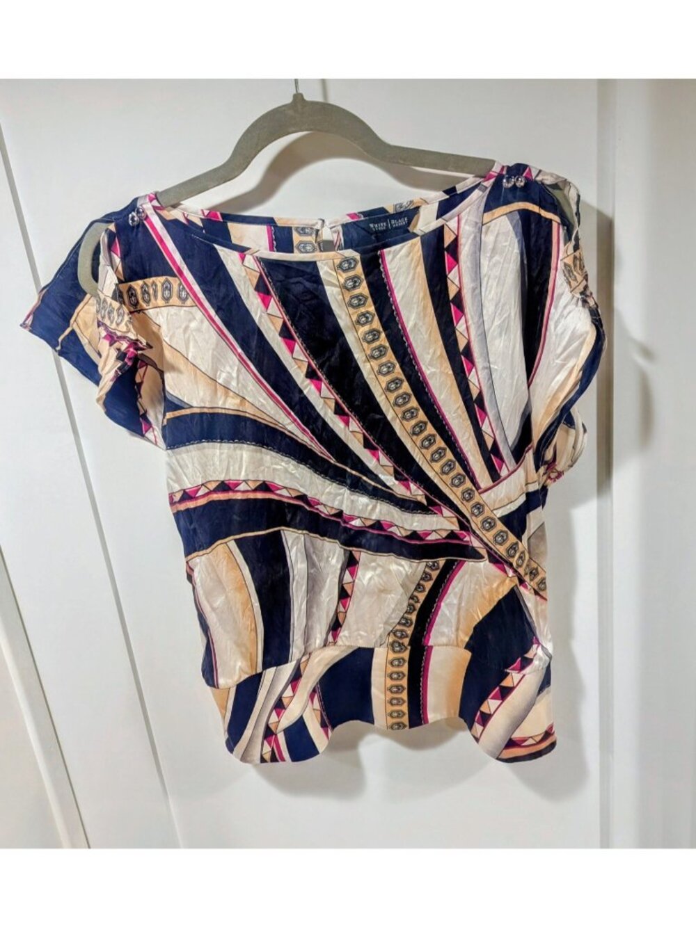 Silk Black and Cream Short Slit-Sleeve Stretchy Waist Silk Blouse WHBM XS